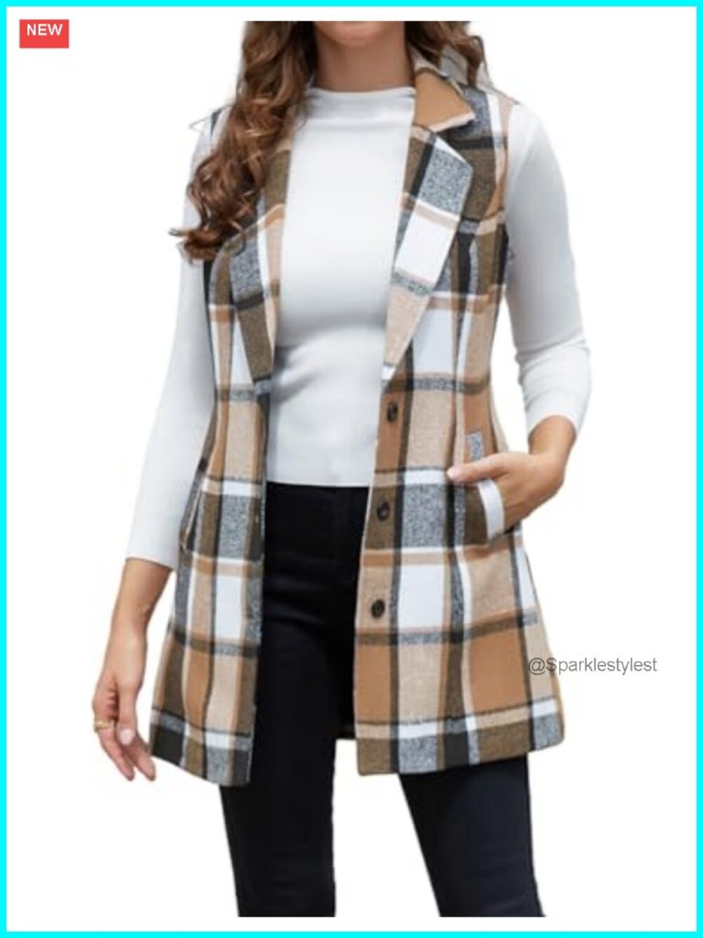 Plaid Sleeveless Vest Longline Blazer Jacket Woolen Fall Winter Layering